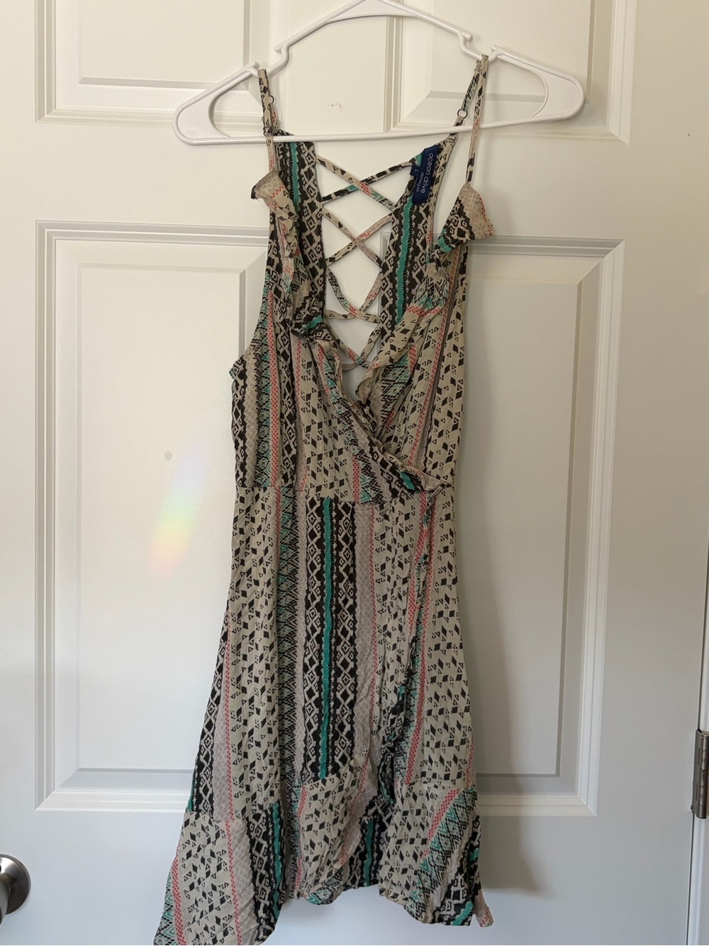 Boho Crisscross Back Wrap Dress in Beige with Multicolor Stripes